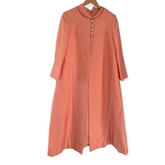 Vtg 60s Saks Fifth Avenue Dress & Coat Jacket Set XS/S Peach Rhinestone Buttons - Picture 1 of 12